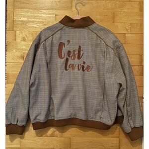 Studio Fun Plaid C’est La Vie French Brown Bomber Jacket 2 Medium